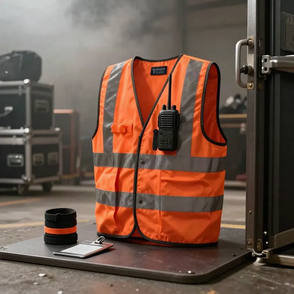 Kit sicurezza eventi su piedistallo scuro con giubbotto hi-vis, radio e badge, luce teatrale.