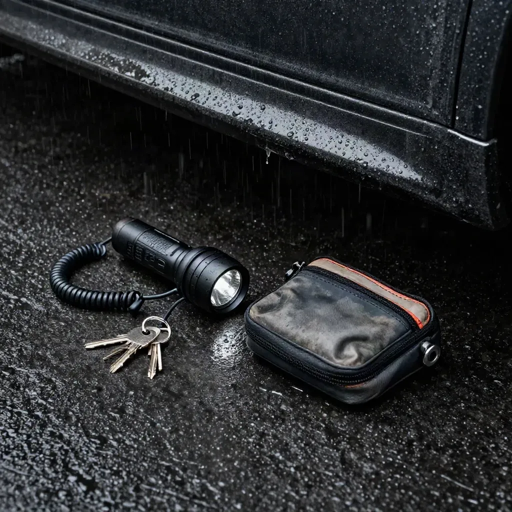 Kit di risposta allarme su pavimento bagnato verso un garage, con torcia, radio, chiavi e custodia.