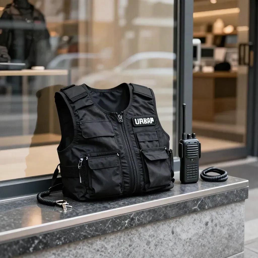 Kit di sicurezza retail su soglia negozio con giubbotto, radio e accessori