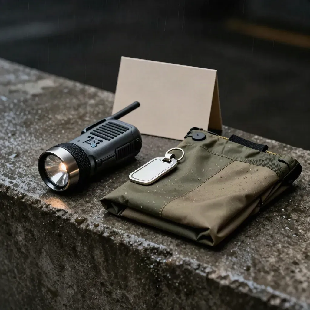 Kit di ronda urbana con torcia, radio e copertura impermeabile su cemento bagnato.