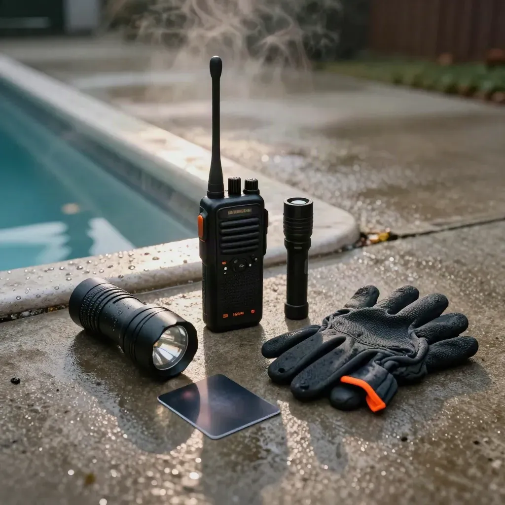 Kit allarme 24 ore con torcia, radio e guanti su cemento bagnato, luce notturna e vapore.