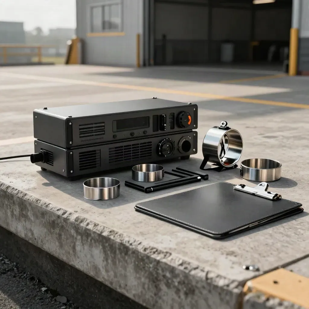 Kit sicurezza venue con radio, badge e bracciali su un molo di carico.